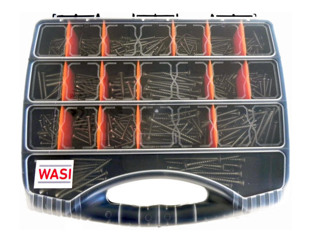 WASI Sortimentskoffer mit Blech- und Holzschrauben Set 2 - A4-AISI316 - Koffer schwarz - 430 tlg.